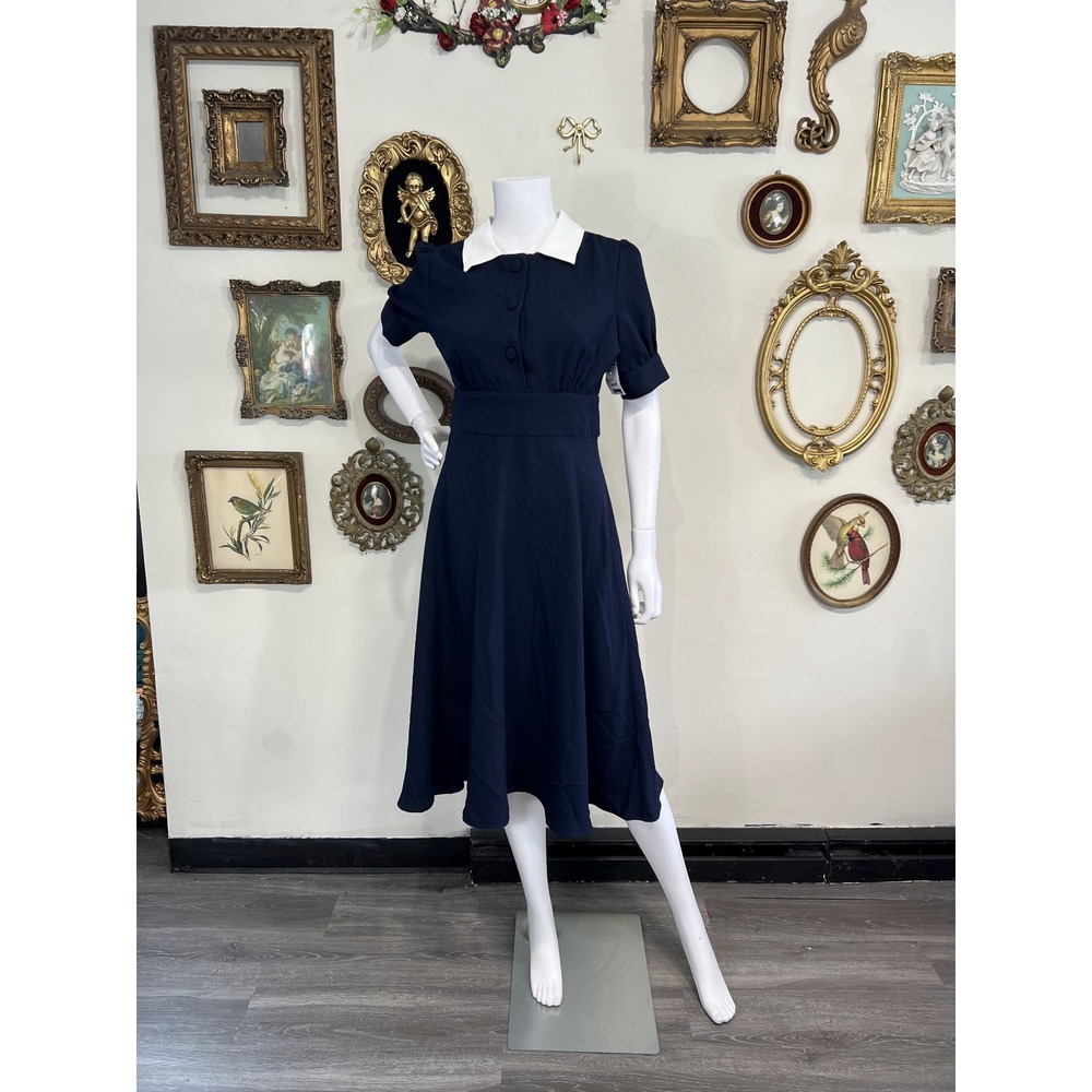 Alexia Admor Navy Contrasting Peter Pan Collar Midi Dress 6 NWT